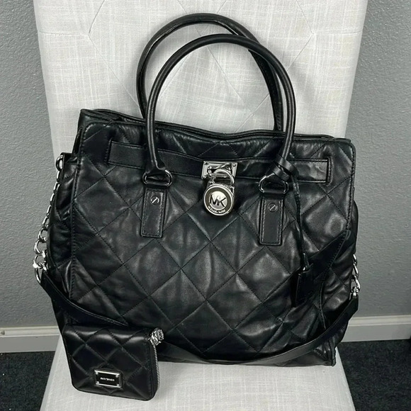 Michael Kors Large Quilted Leather Hamilton Tote Bag Black w/ Matching Wallet - Picture 2 of 12